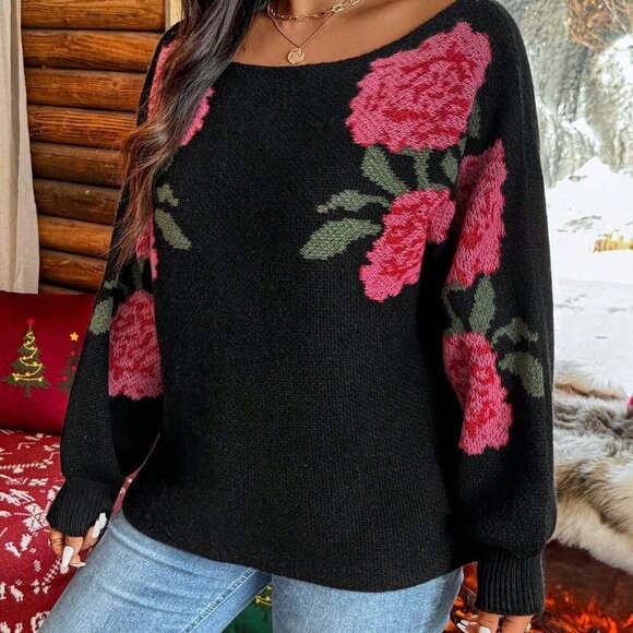 Multicolor Casual Women's Patchwork Long Sleeve Floral Print Pullover Sweater - Picture 7 of 7